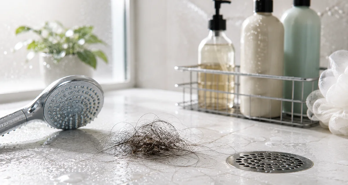 A clump of hair near a shower drain surrounded by a showerhead, liquid soap bottles, and a loofah in a clean bathroom setting.